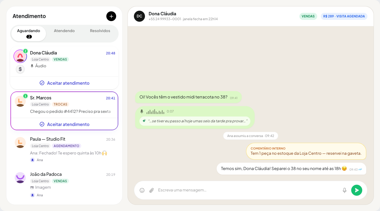 Ecrã real da Prisme Lite: inbox de atendimento com filas, conversas e funil